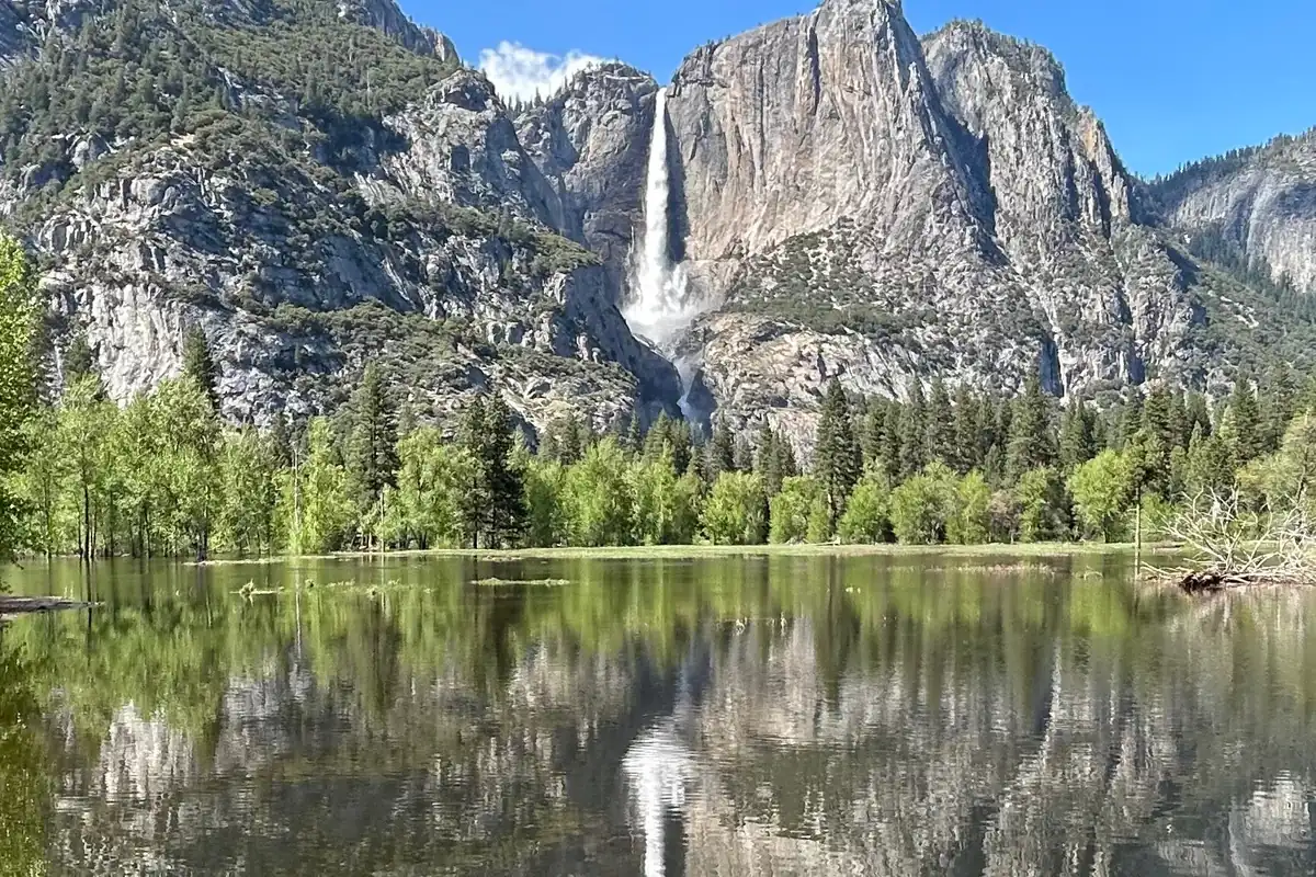 Yosemite Falls and granite cliffs reflected in a flooded spring meadow