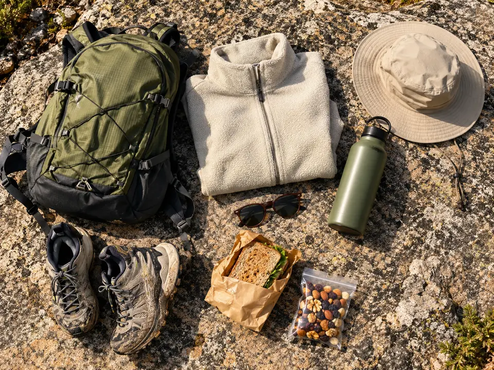 A daypack, fleece, sun hat, water bottle, walking shoes and a packed lunch laid out on granite